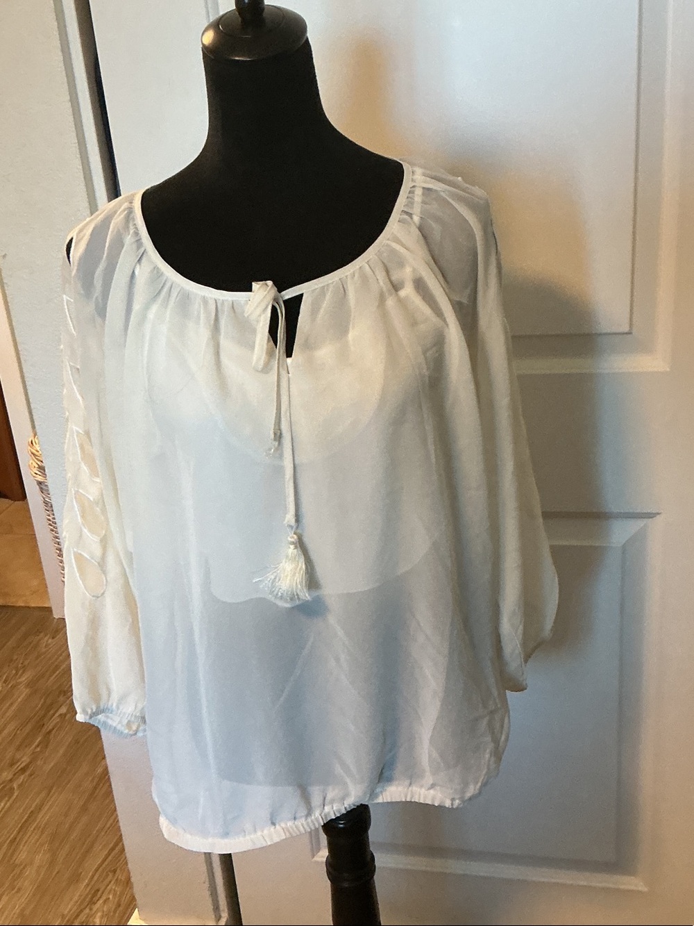 Unger Sheer Off White Tassel Peasant Tunic Top L